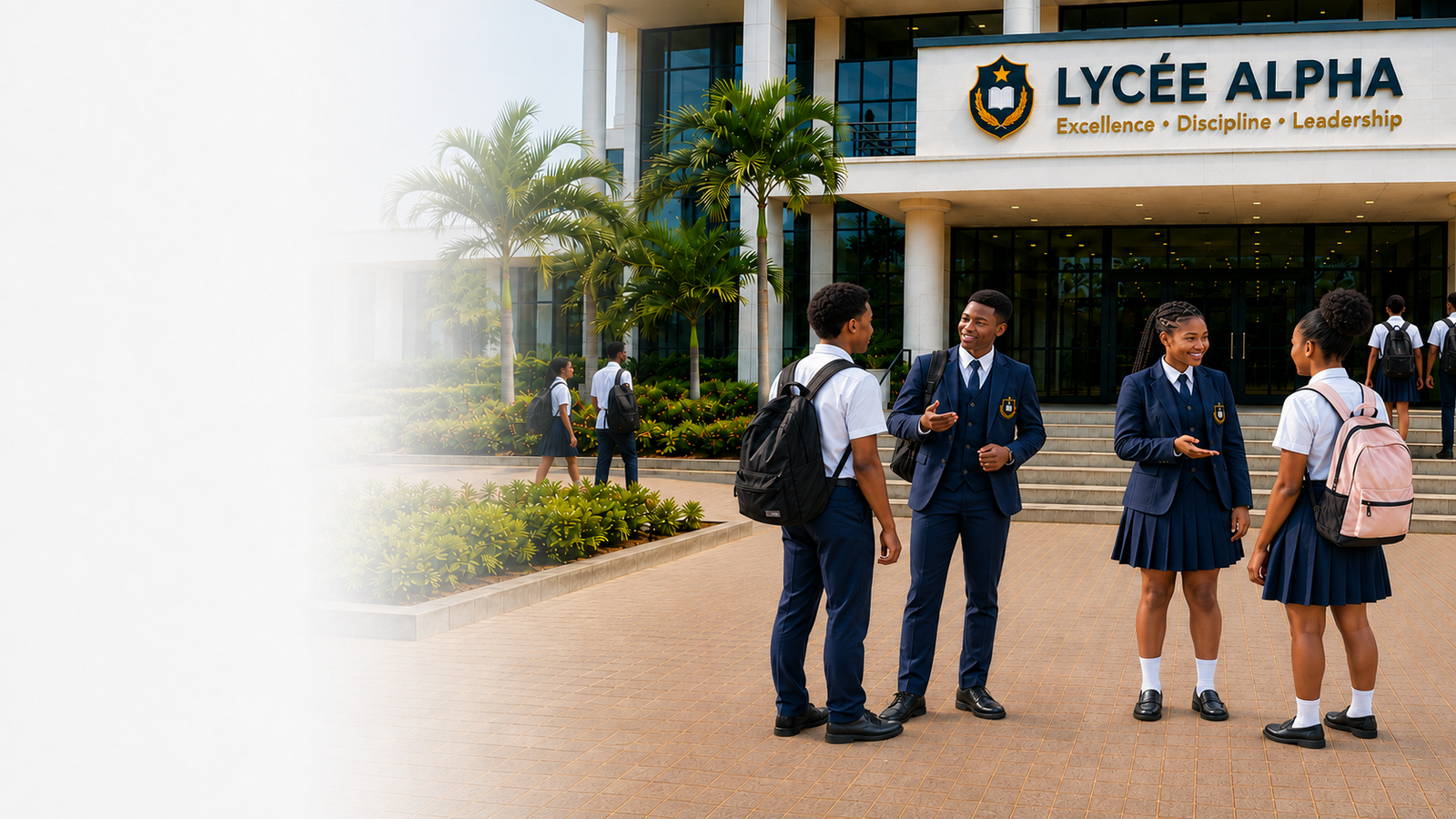Entrée du Lycée Alpha avec des élèves en uniforme