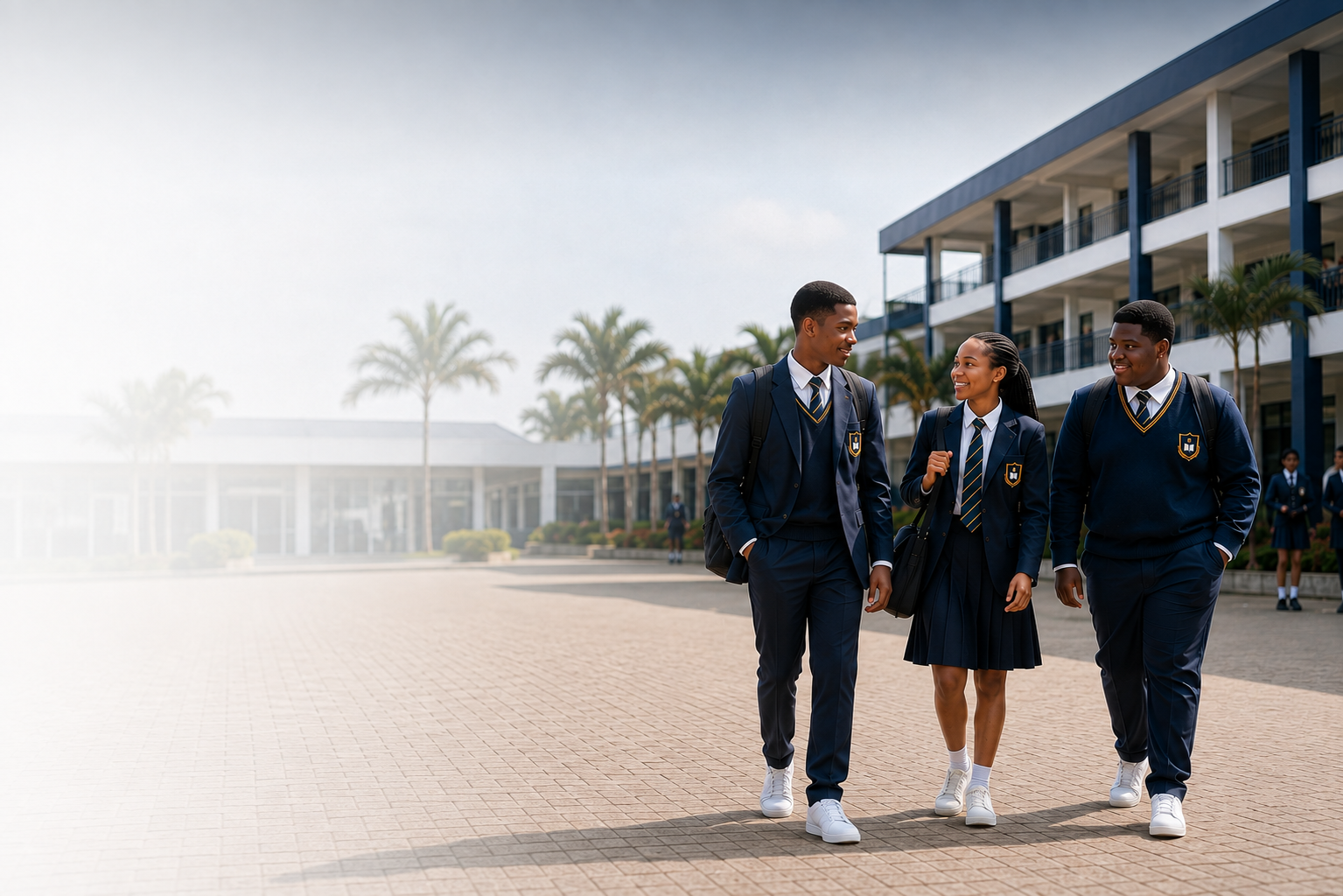 Élèves du Lycée Alpha en uniforme sur le campus